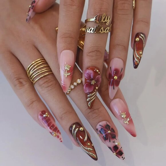 Press On Nails with 3D Floral Burgundy & Gold Line | Fake Nails in Long Almond - Picture 3 of 5